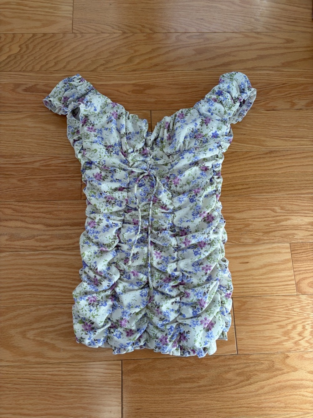 MARBLE Cream Off-Shoulder Ruched Dress with Purple Floral